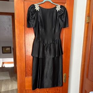 Alfred Angelo Black Satin Midi Dress with Floral Details